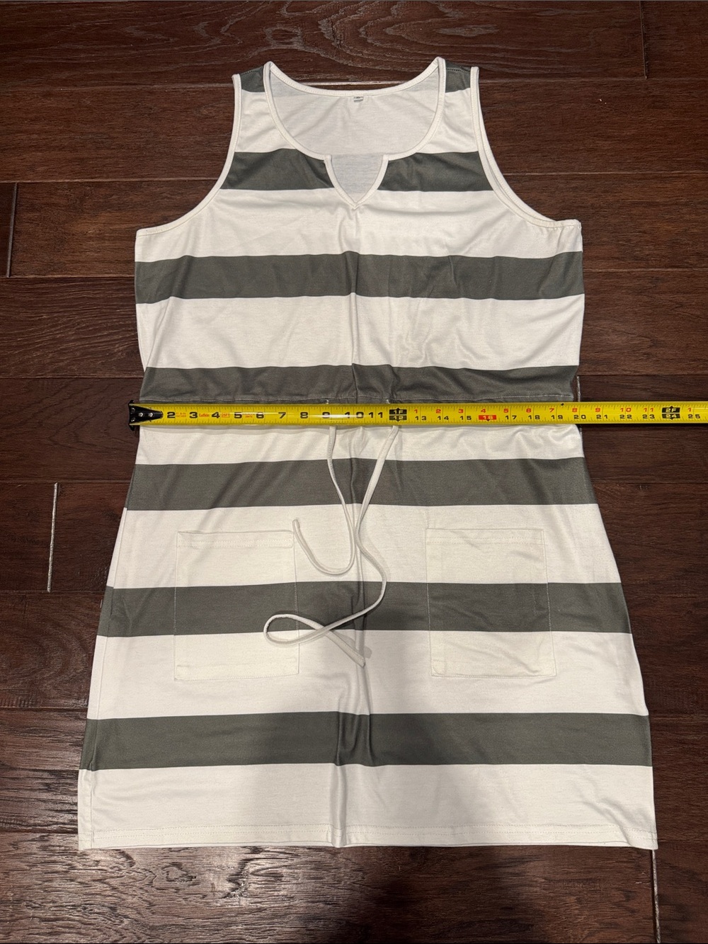 Striped Drawstring Tank Dress in White and Olive - Picture 2 of 6